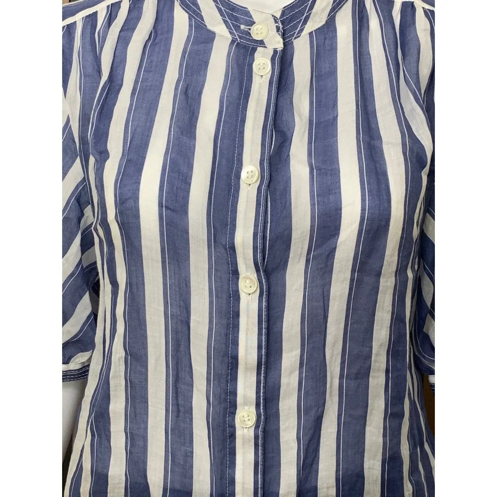 Banana Republic Blue White Striped Ramie Blouse Tall Medium Short Puff Sleeve